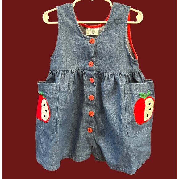 Vintage Samara Apple Pocket Denim Dress 4T Back to School Cottagecore 1980s - Picture 1 of 5